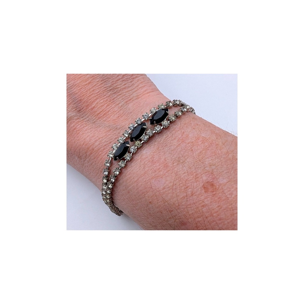 Vintage Silver Tone Double Row Rhinestone Bracelet Marquise Black Stones 7.5"